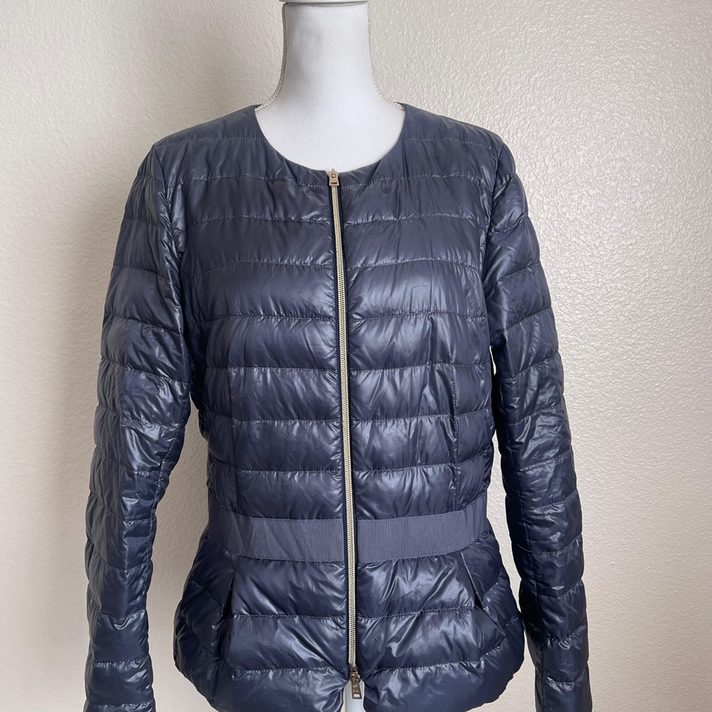 Herno Navy Down Feather Quilted Jacket Puffer Coat Pockets Zipper Bomber Blazer